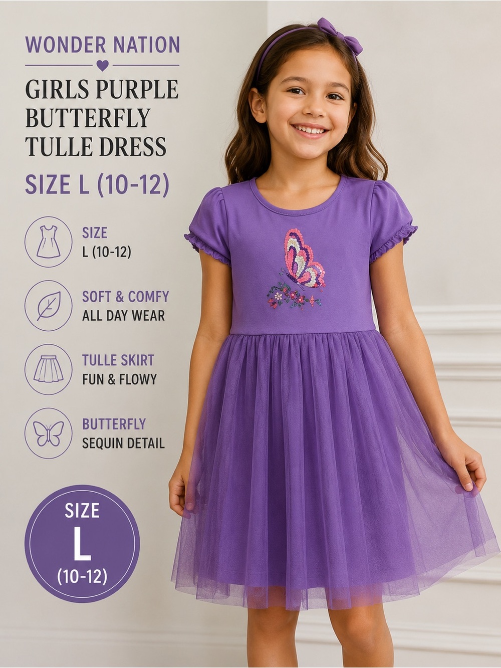 Wonder Nation Girls Purple Butterfly Tulle Dress Size L (10- 12)